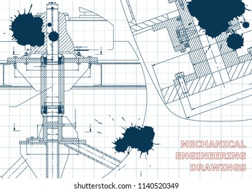 Mechanical engineering. Technical illustration. Backgrounds of engineering subjects. Technical design. Instrument making. Cover, banner, flyer, background. Corporate Identity. Draft. Ink. Blots