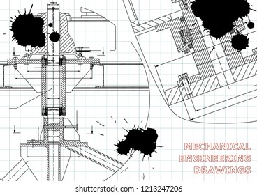 Mechanical engineering. Technical illustration. Backgrounds of engineering subjects. Technical design. Instrument making. Cover, banner, flyer, background. Corporate Identity. Draft. Black Ink. Blots