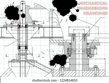 Mechanical engineering. Technical illustration. Backgrounds of engineering subjects. Technical design. Instrument making. Cover, banner, flyer, background. Draft. Black Ink. Blots