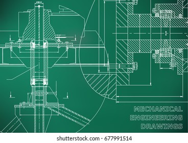 Mechanical engineering. Technical illustration. Backgrounds of engineering subjects. Technical design. Instrument making. Cover, banner, flyer. Light green background