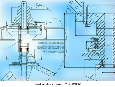 Mechanical engineering. Technical illustration. Backgrounds of engineering subjects. Technical design. Instrument making. Cover, banner. Blue