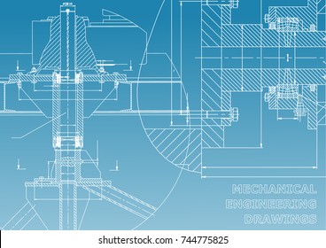 Mechanical engineering. Technical illustration. Backgrounds of engineering subjects. Technical design. Instrument making. Cover, banner, flyer. Blue and white