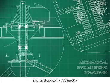 Mechanical engineering. Technical illustration. Backgrounds of engineering subjects. Technical design. Instrument making. Cover, banner, flyer, Light green background. Grid. Corporate Identity