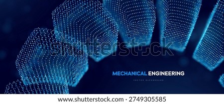Mechanical Engineering Technology Background With Abstract Digital Gear Shapes And Particle Mesh Representing Industrial Design, Manufacturing And Modern Engineering Innovation. Vector Illustration.