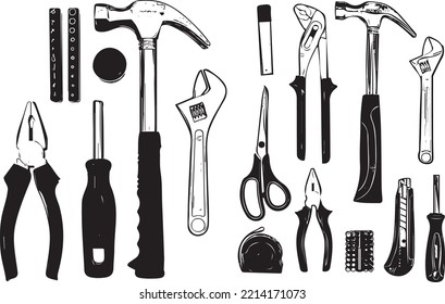 mechanical engineering tools silhouette, carpenter tool outline vector illustration, plumbing tools clipart and icon