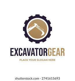 Mechanical excavator bucket design framed within a circular industrial gear icon.