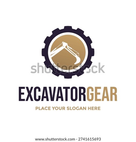 Mechanical excavator bucket design framed within a circular industrial gear icon.