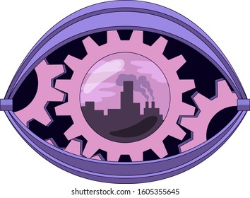 Mechanical eye with a reflection of the city in the pupil.