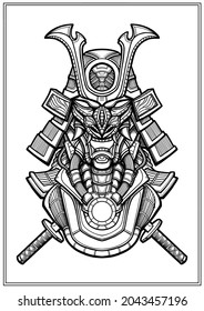 Mechanical face of a dark Japanese cyborg with sharp fangs in a helmet and armor, a horror samurai mask close-up with an mechanisms and swords, an isolated silhouette of demon without a background.
