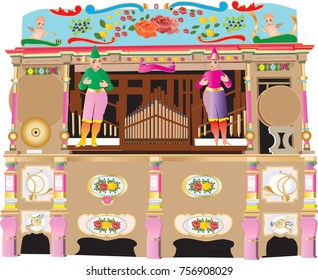 A Mechanical Fairground Pipe Organ Brightly Decorated with roses, grapes,scrolls and musical instruments isolated on white