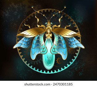 Mechanical firefly, artistically drawn in steampunk style, created from brass, with shiny, transparent wings and green, glowing light bulb on  brown textured background. Steampunk style.