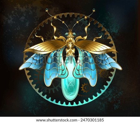 Mechanical firefly, artistically drawn in steampunk style, created from brass, with shiny, transparent wings and green, glowing light bulb on  brown textured background. Steampunk style.