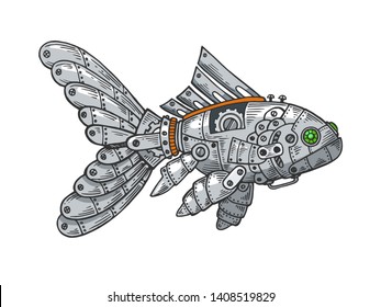 Mechanical fish animal color sketch engraving vector illustration. Scratch board style imitation. Black and white hand drawn image.