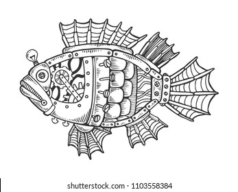 Mechanical fish animal engraving vector illustration. Scratch board style imitation. Black and white hand drawn image.