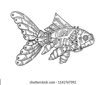 Mechanical fish animal engraving vector illustration. Scratch board style imitation. Black and white hand drawn image.