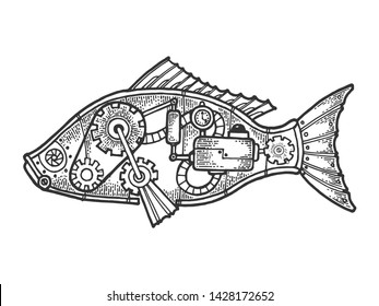 Mechanical fish animal sketch engraving vector illustration. Scratch board style imitation. Black and white hand drawn image.