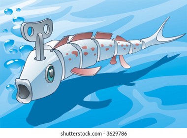 The mechanical fish floats in blue water. Vector.