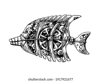 Mechanischer Fisch. Handgezeichnete Vektorgrafik. Steampunk-Stil.