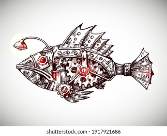 Pescado mecánico. Ilustración vectorial dibujada a mano. Estilo Steampunk.