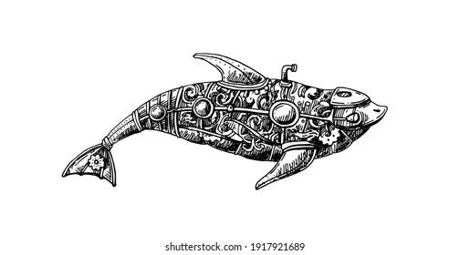 Mechanical fish. Hand drawn vector illustration. Steampunk style.