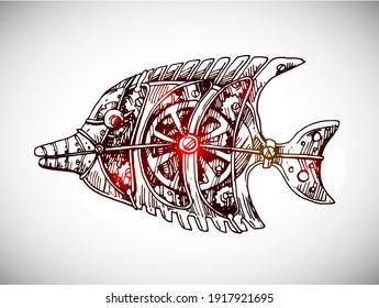 Mechanical fish. Hand drawn vector illustration. Steampunk style.