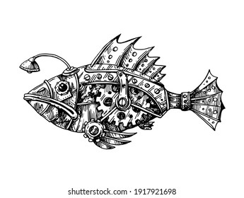 Mechanischer Fisch. Handgezeichnete Vektorgrafik. Steampunk-Stil.