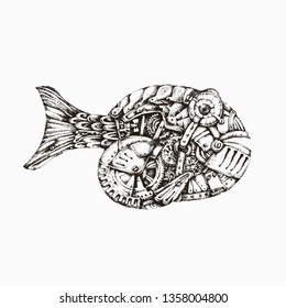 Mechanical fish in the style of steam idea for tattoo and print on your t-shirt.Vector