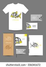 Mechanical fish. T-shirt design, design of booklet, notebook, business cards.