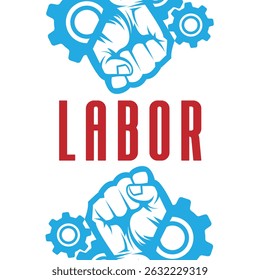 Mechanical fists with blue gear and labor text