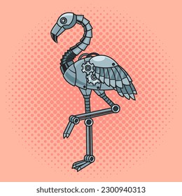 Mechanical flamingo bird robot pinup pop art retro vector illustration. Comic book style imitation.