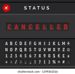 Mechanical Flip Board Timetable With Flight Information Of Departure Or Arrival Status: Cancelled, With Aircplane Icon And Airport  Font . Vector Illustration