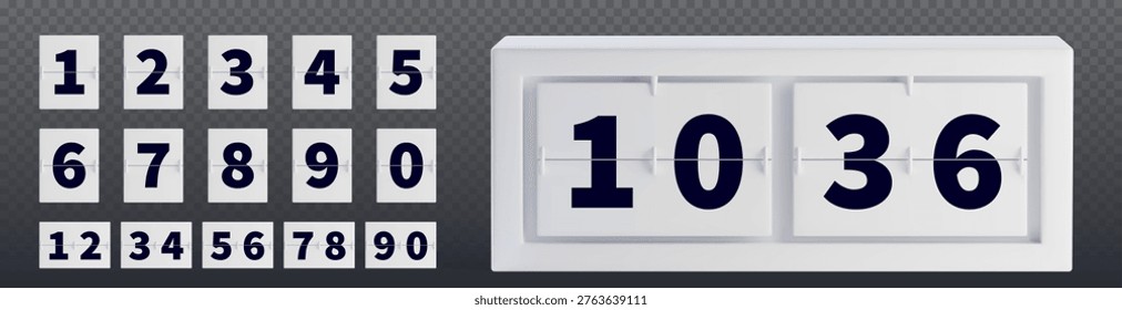 Mechanical flip clock display with countdown numbers and timer digits, realistic vector illustration isolated on transparent background. White retro scoreboard panel showing time, classic style font