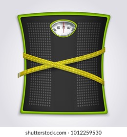 Mechanical floor dial scale with yellow measuring tape for weight loss fitness goals tracking realistic vector illustration