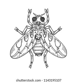 Mechanical fly insect animal engraving vector illustration. Scratch board style imitation. Black and white hand drawn image.