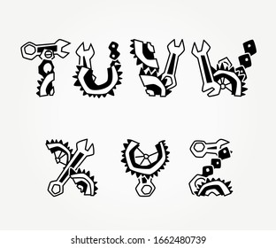 Mechanical font. Black vintage steampunk alphabet for logo and text. Vector illustration with letters.