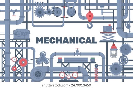 Marco mecánico. Detalles del Industrial. Steampunk o Elementos robots. Instalación de mecanismos técnicos. Piezas de máquinas. Bomba de motor y grúa. Tubería metálica. Vector