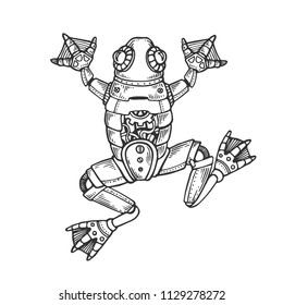 Mechanical frog animal engraving vector illustration. Scratch board style imitation. Black and white hand drawn image.