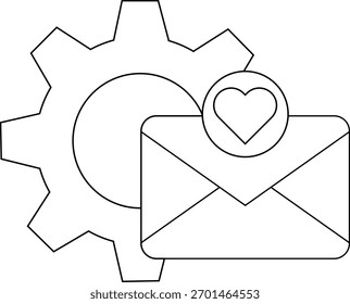 Un engranaje mecánico está detrás de un sobre con una insignia de notificación del corazón