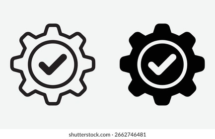 Mechanical Gear With Checkmark icon Representing Successful Operations And Technical Processes, Line and Silhouette Vector on White Background	