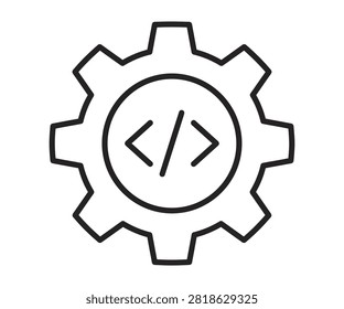 Mechanical gear cog wheel with code brackets symbol line art vector icon. System software development, automated coding, IT backend engineering, and tech setup.