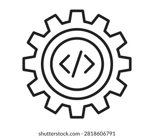 Mechanical gear cog wheel enclosing coding brackets symbol line art icon. Software engineering, backend programming, system development logic, and tech development.
