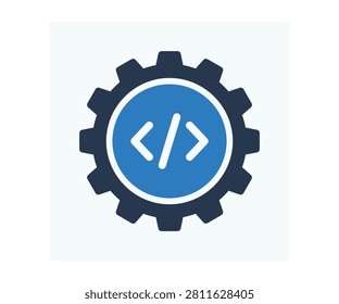 Mechanical gear cogwheel hosting central software program coding script tags. Backend server automation compiling process, systems integration developer symbol.