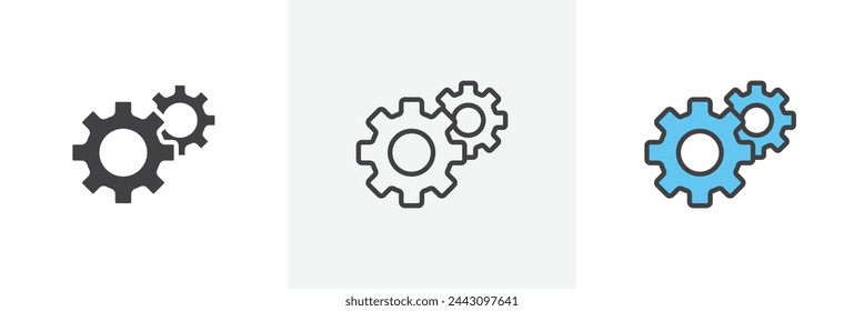 Mechanical Gear and Cogwheel Set Icons. Symbols for Engine Functionality and Industrial Processes.