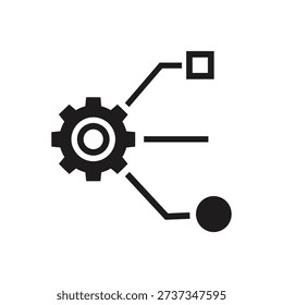 Mechanical gear connected to network nodes representing system integration api technical architecture connectivity process structure engineering diagram