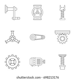 Mechanical gear icon set. Outline style set of 9 mechanical gear vector icons for web isolated on white background