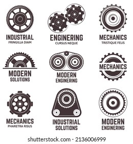 Mechanical gear logos, engine mechanic construction labels. Modern metal gears symbols vector illustration set. Machinery parts badge. Engine construction, industrial gear icon