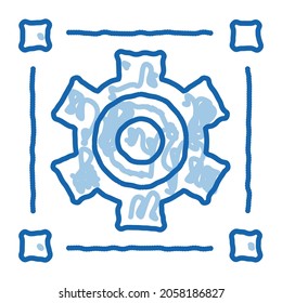 Vector de icono de esbozo del engranaje mecánico. Dibujo manual de la línea de doodle azul símbolo del engranaje mecánico. ilustración de símbolo aislado