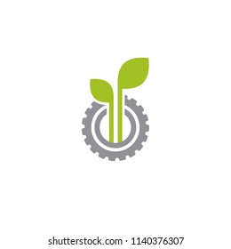 Mechanical gear and three green leaves. Isolated on white background. Eco friendly technology icon. World Environment day label.  Bio technology. Vector illustration.