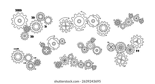Mechanical gears and cogs wheels arrangement with arrows of rotation and pointers black-and-white set. Machinery symbol, business strategy model, collaboration and organization vector illustration