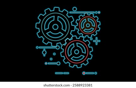 Mechanical gears. Cogwheel icon. Technological design with geometric elements symbolizing industry and engineering processes. Neon gear vector icon